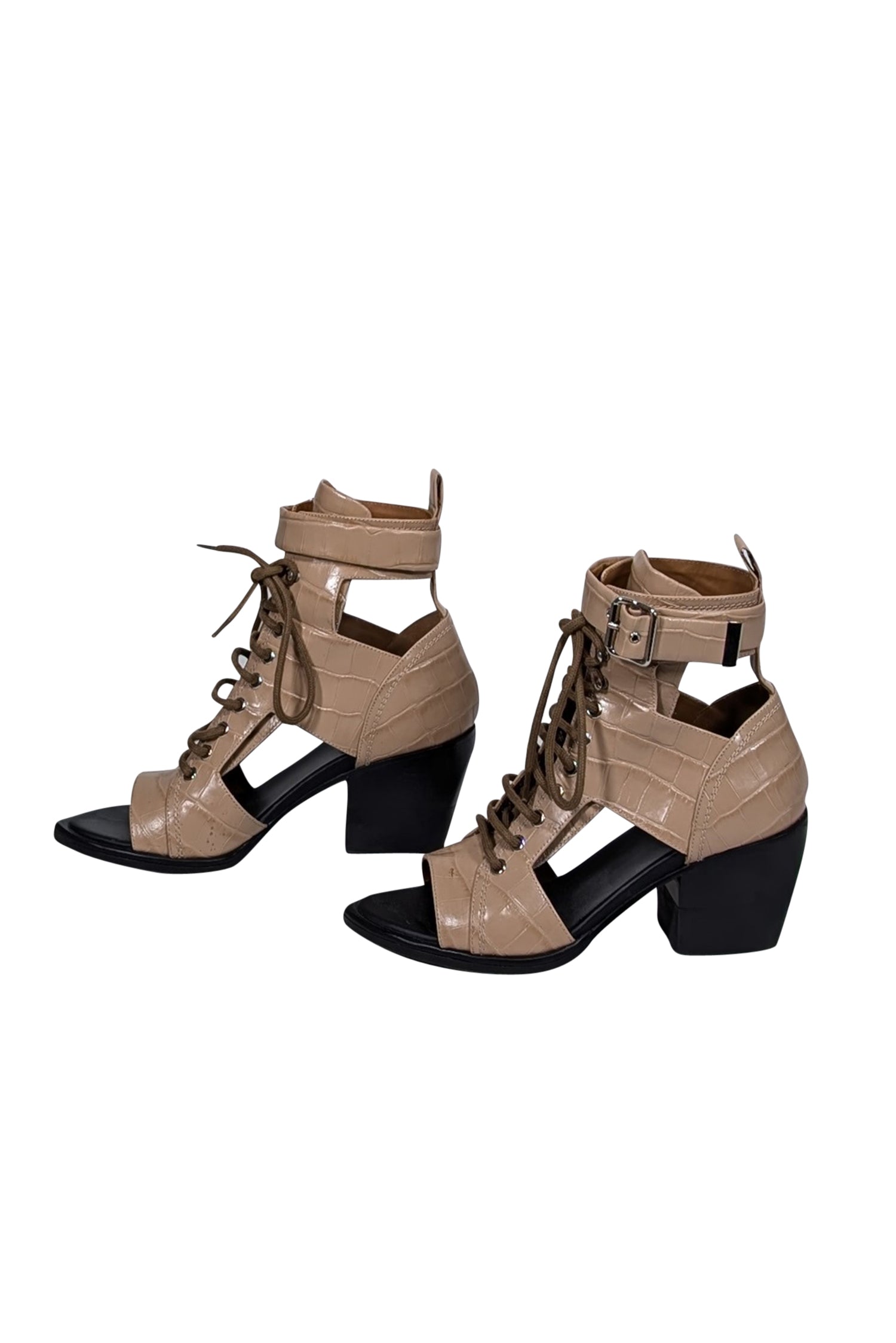 Chloe - Beige Croc Embossed Cutout Lace Up Short Boots Sz 9