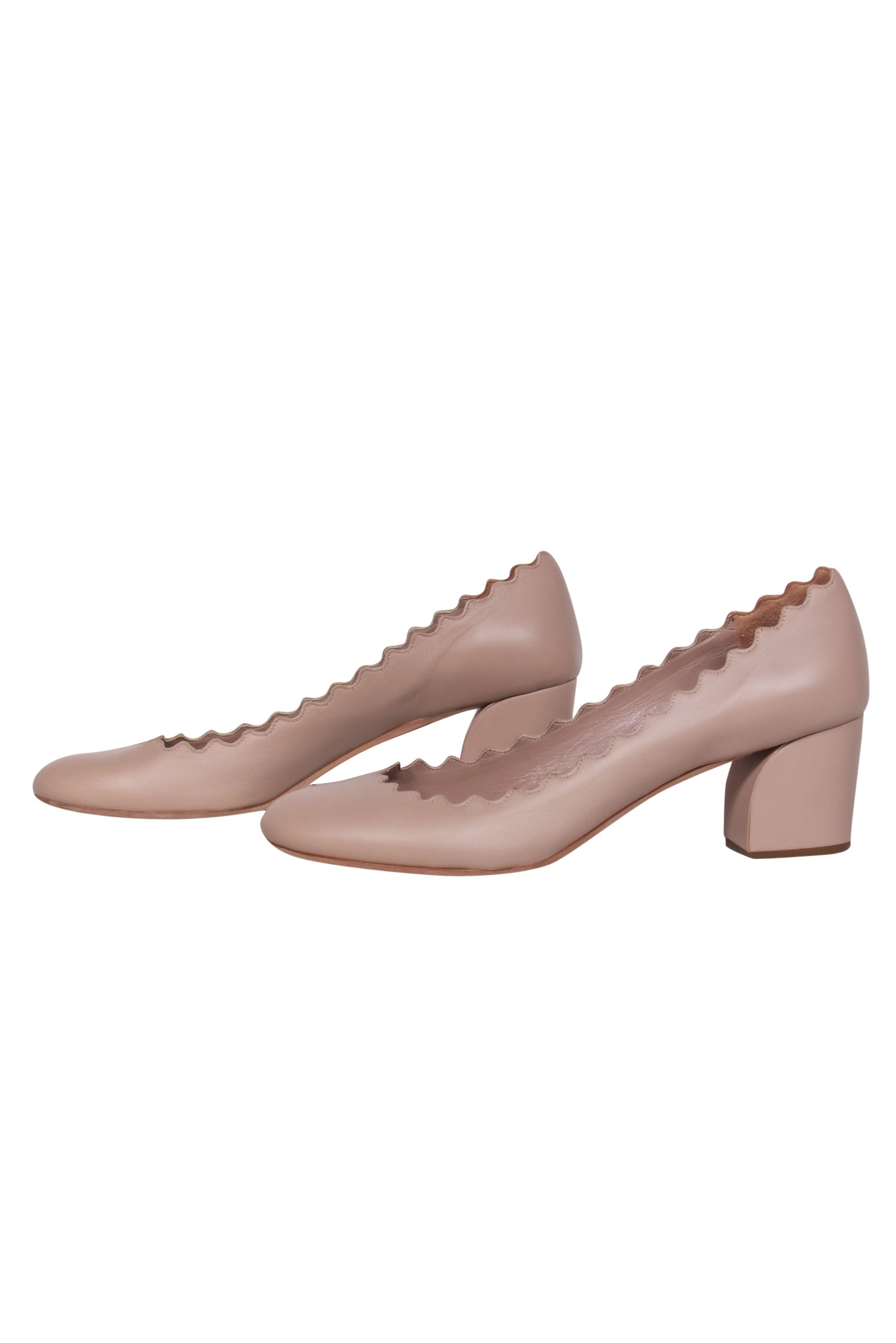 Chloe - Beige Leather Scalloped Block Heel Pumps Sz 10