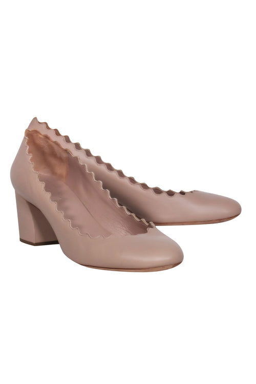 Chloe - Beige Leather Scalloped Block Heel Pumps Sz 10