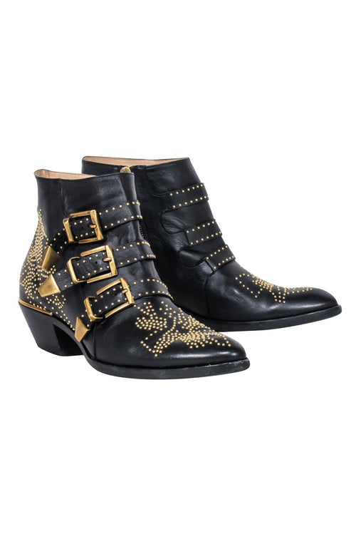 Chloe - Black Leather Gold Studded 