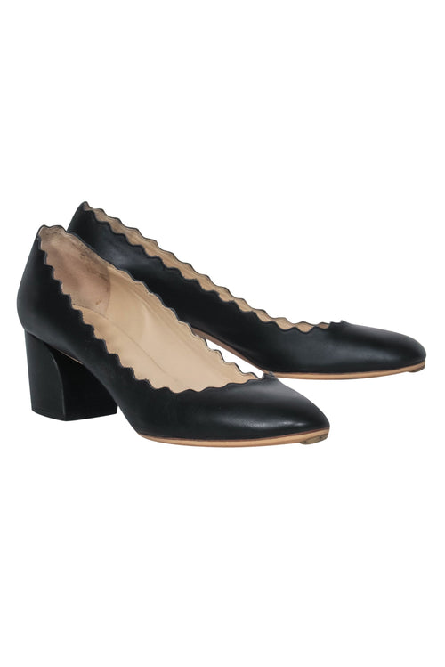Chloe - Black Leather Scalloped Block Heel