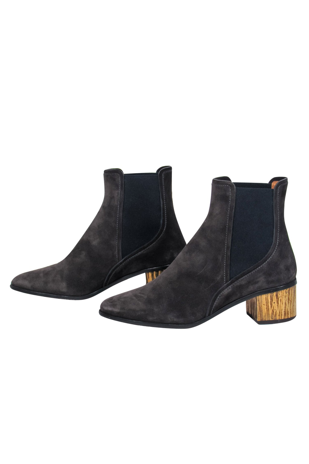 Chloe - Black Suede Chelsea Booties w/ Gold Block Heel Sz 8.5