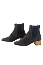 Chloe - Black Suede Chelsea Booties w/ Gold Block Heel Sz 8.5