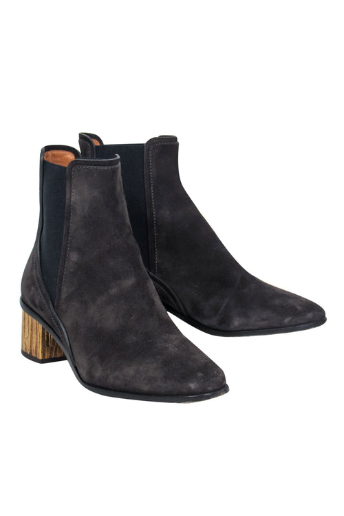 Chloe - Black Suede Chelsea Booties w/ Gold Block Heel Sz 8.5
