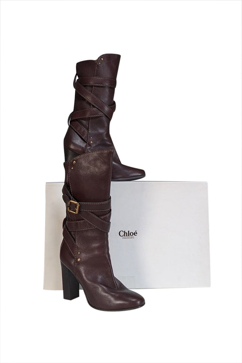 Chloe - Brown Leather Wrap Around Buckle Detail Tall Boots Sz 10.5