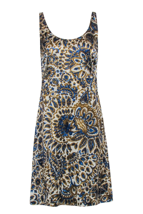Chloe - Cream, Gold, & Blue Print Sleeveless Dress Sz 6