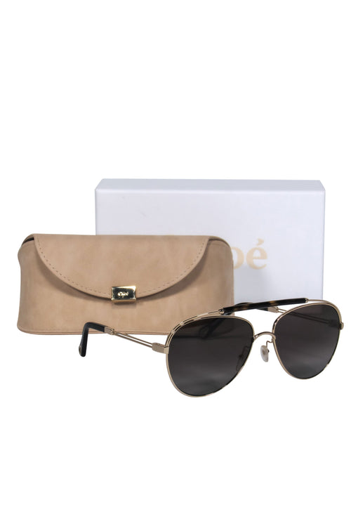 Chloe - Gold & Tortoise Shell Polarized Aviator Sunglasses w/ Brow Bar