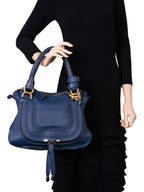 Chloe Leather Medium Marcie Satchel Bag Navy Blue