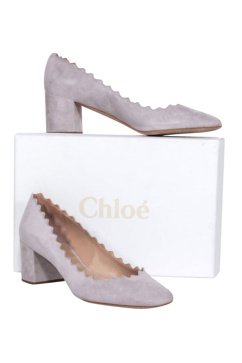 Chloe - Light Grey Suede Scalloped Block Heel 