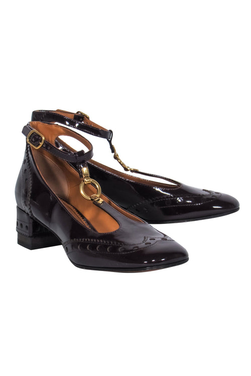 Chloe - Maroon Patent T-Strap Mary Jane Pumps w/ Loafer Embroidery Sz 8