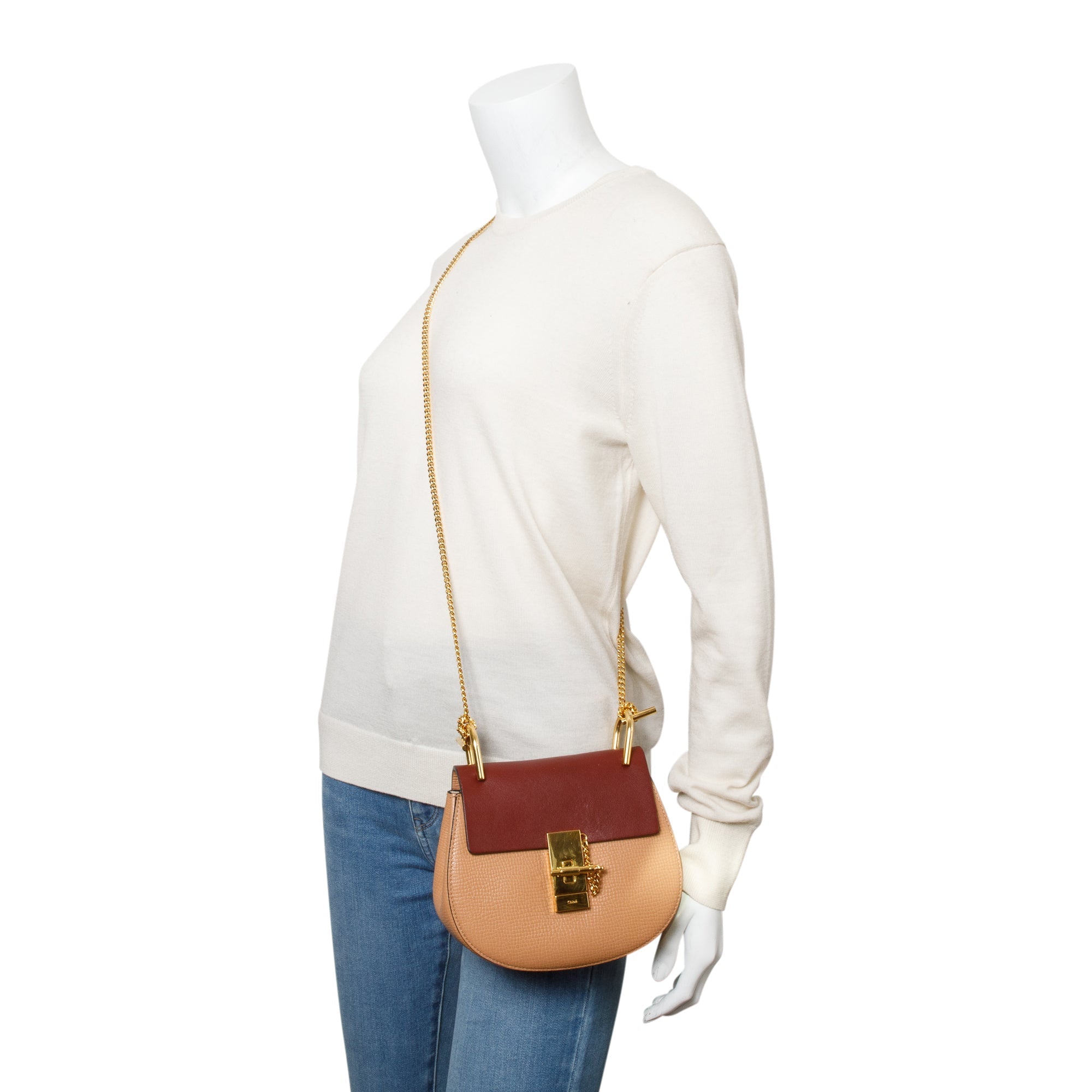 Chloe Maroon/Tan Calfskin Leather Mini Drew Crossbody Bag w/ Authenticity Card