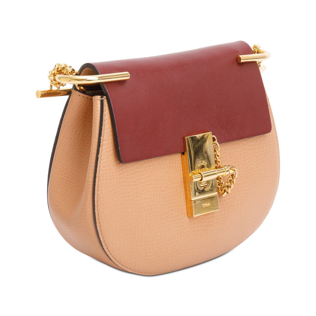 Chloe Maroon/Tan Calfskin Leather Mini Drew Crossbody Bag w/ Authenticity Card