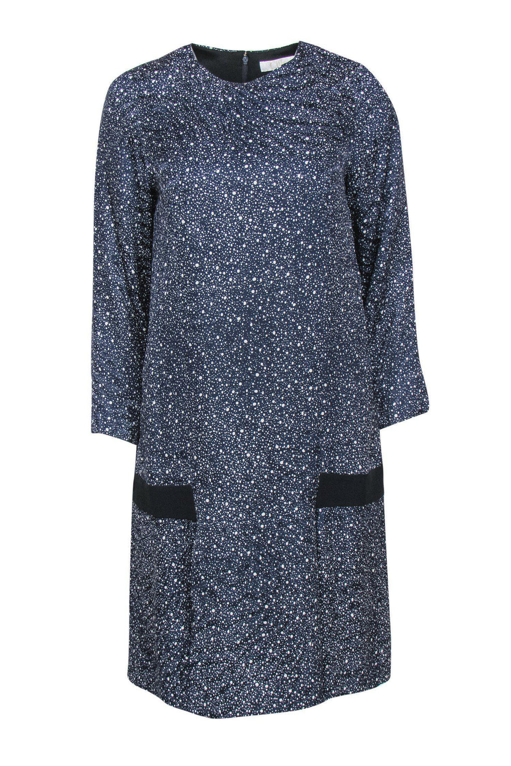 Chloe - Navy Blue & Grey Speckled Pattern Silk Shift Dress Sz 10