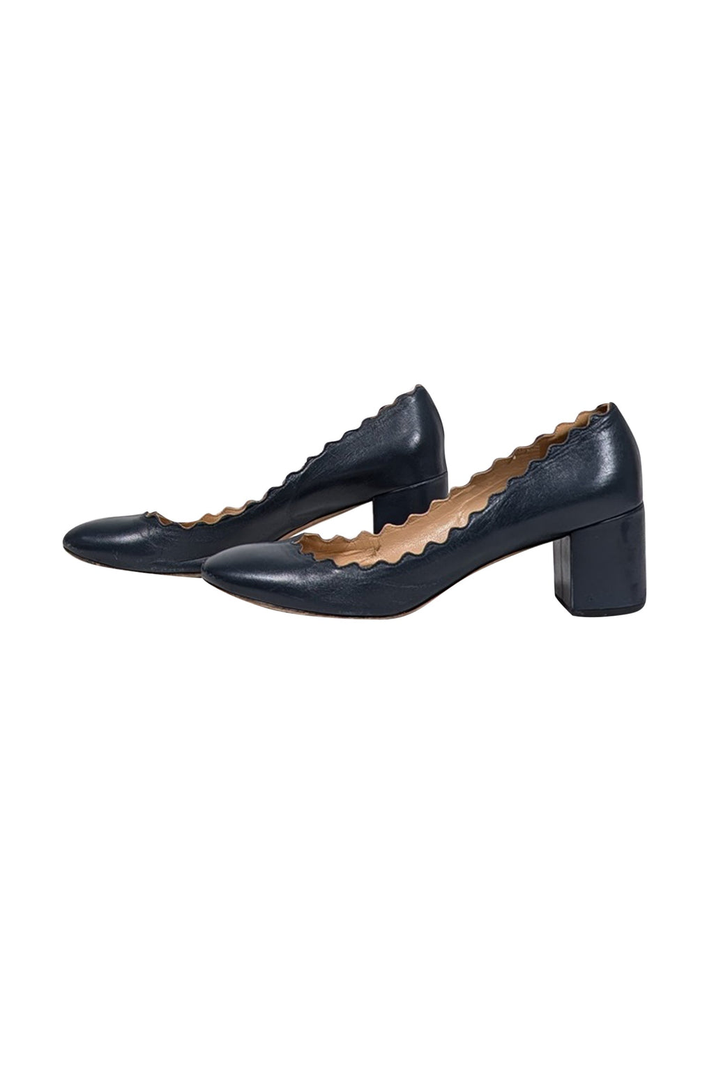 Chloe - Navy Leather Scallop Edge Low Basic Pumps Sz 8