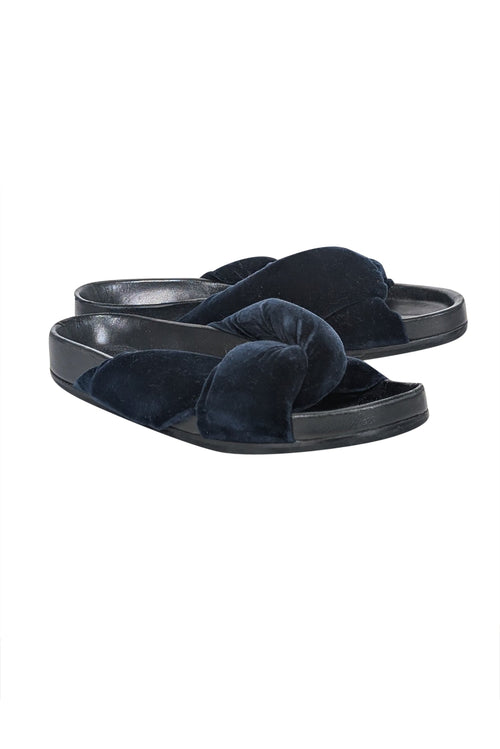 Chloe - Navy Plush Velvet Slide Sandals Sz 6