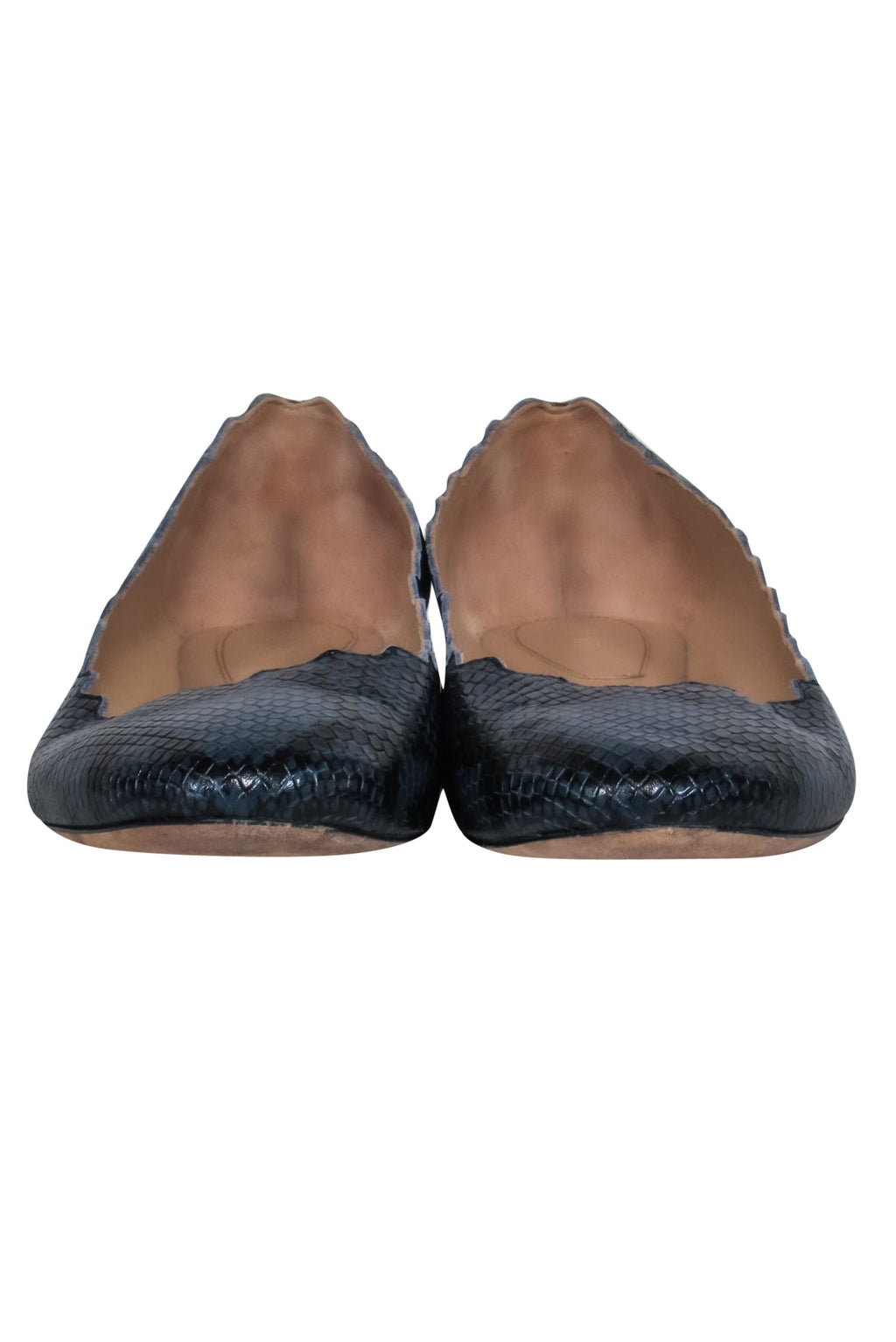 Chloe - Navy Snakeskin Print Textured Scalloped Flats Sz 9.5