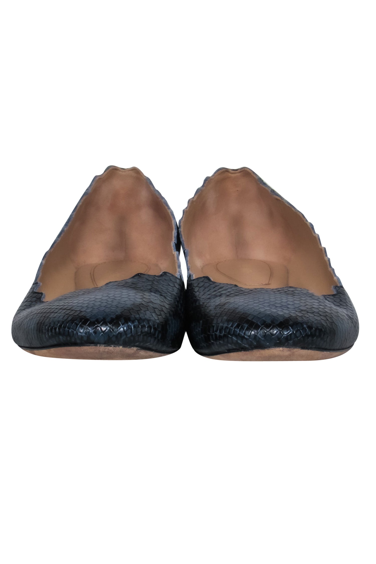 Chloe - Navy Snakeskin Print Textured Scalloped Flats Sz 9.5