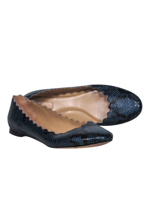 Chloe - Navy Snakeskin Print Textured Scalloped Flats Sz 9.5