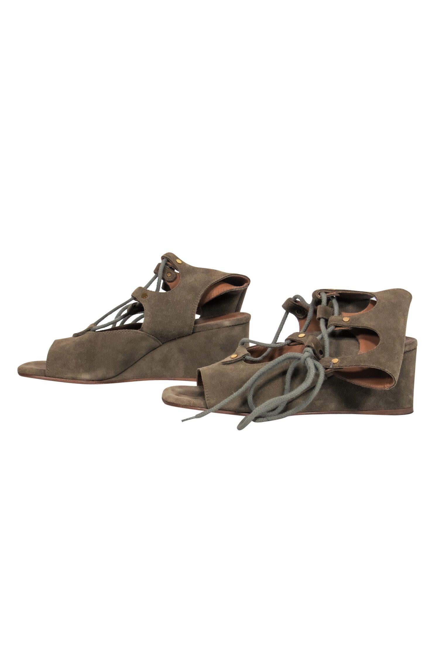Chloe - Olive Suede Lace-Up Wedge Sandals Sz 7