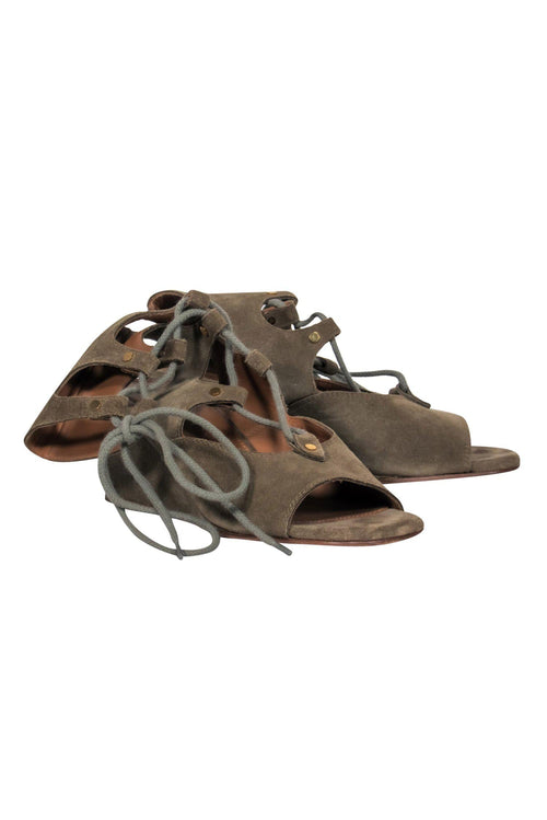 Chloe - Olive Suede Lace-Up Wedge Sandals Sz 7