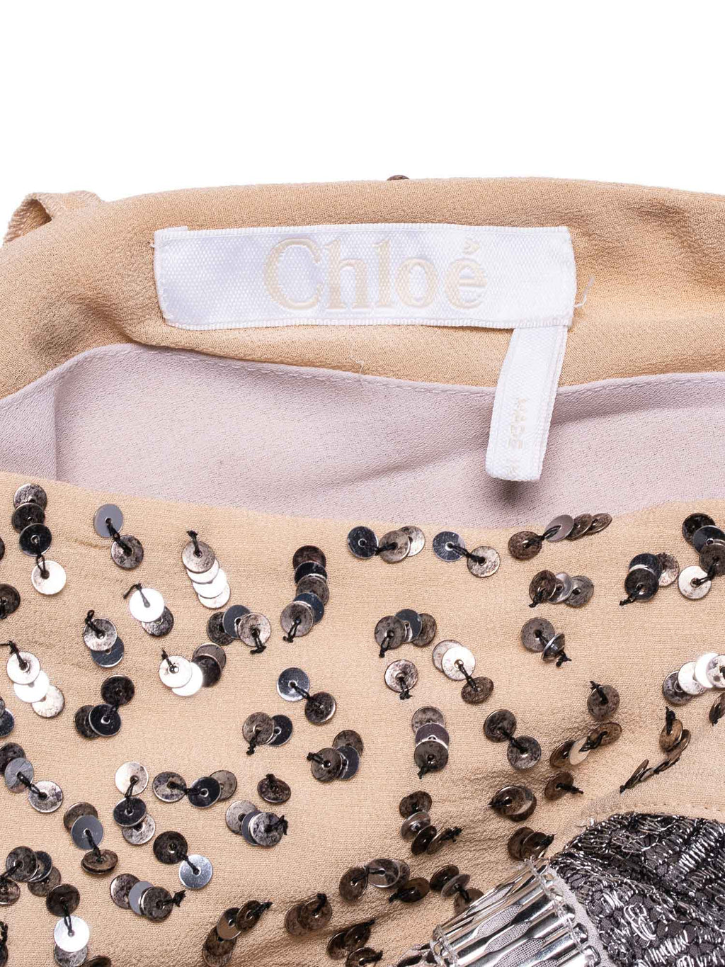 Chloe Runway Sequin Metallic Knit Mini Dress Grey Beige