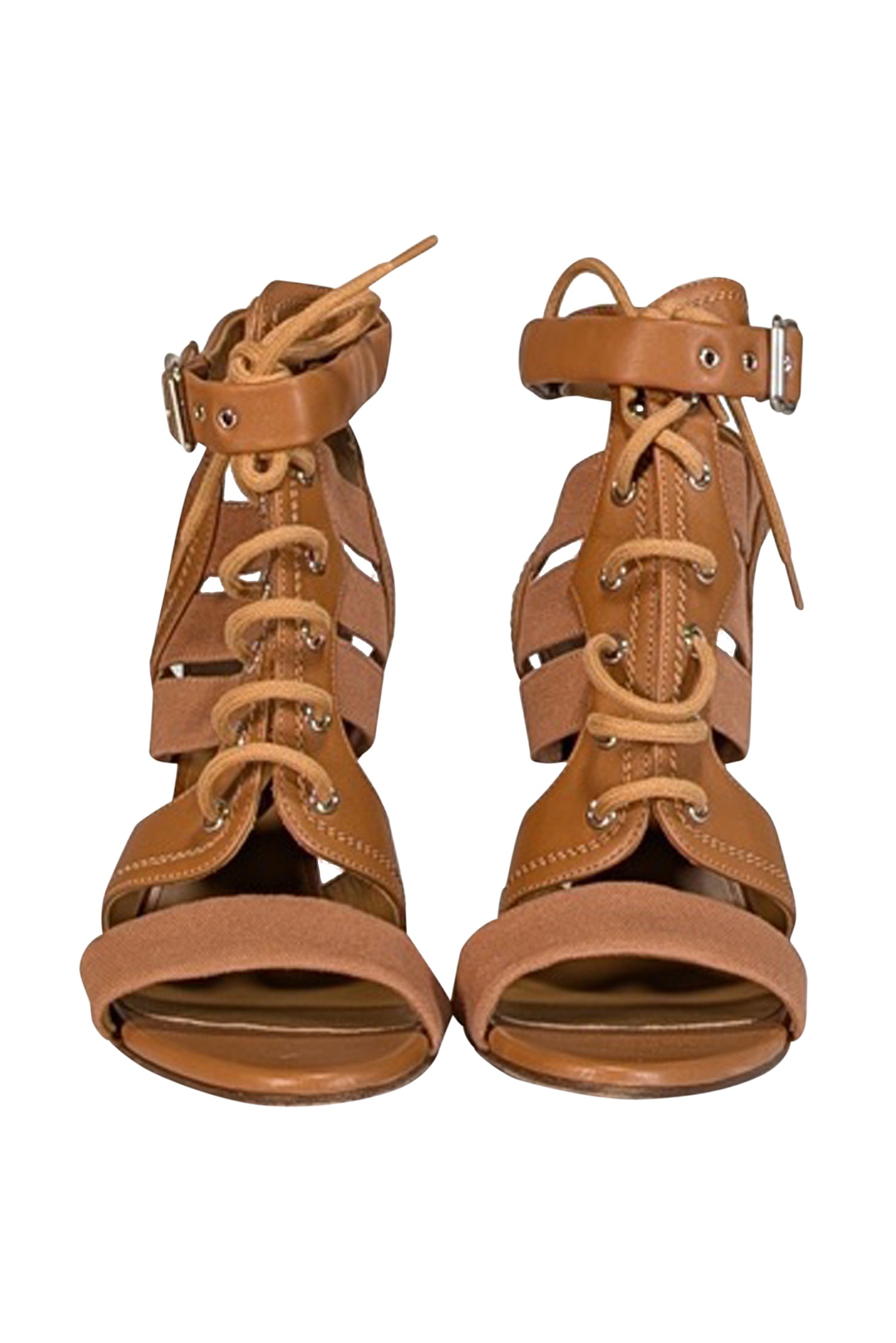 Chloe - Tan Leather & Woven Strappy Open Toe Pumps Sz 12