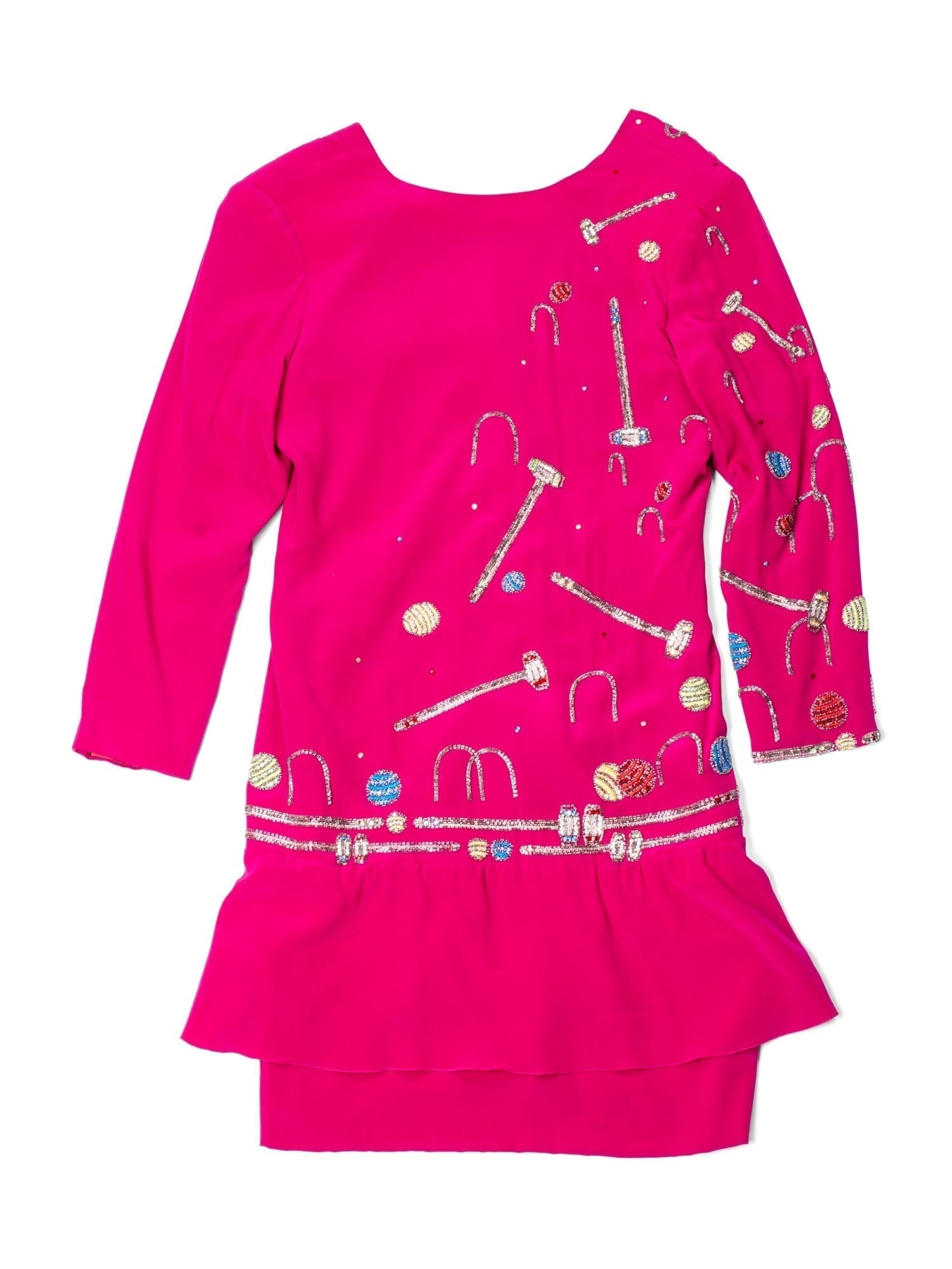 Chloe Vintage Silk Beaded Croquet Mini Dress Hot Pink