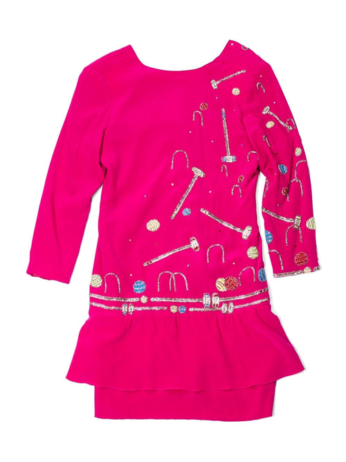 Chloe Vintage Silk Beaded Croquet Mini Dress Hot Pink