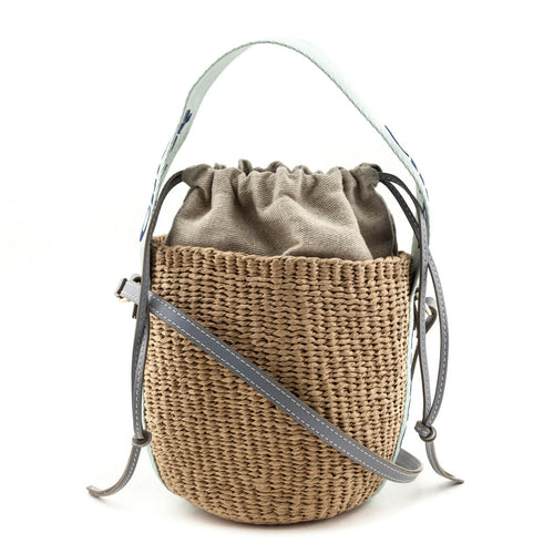 Chloe Blue-Green Natural Woven Fiber Small Woody Basket Bag