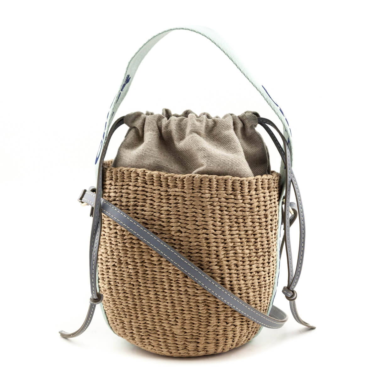 Chloe Blue-Green Natural Woven Fiber Small Woody Basket Bag