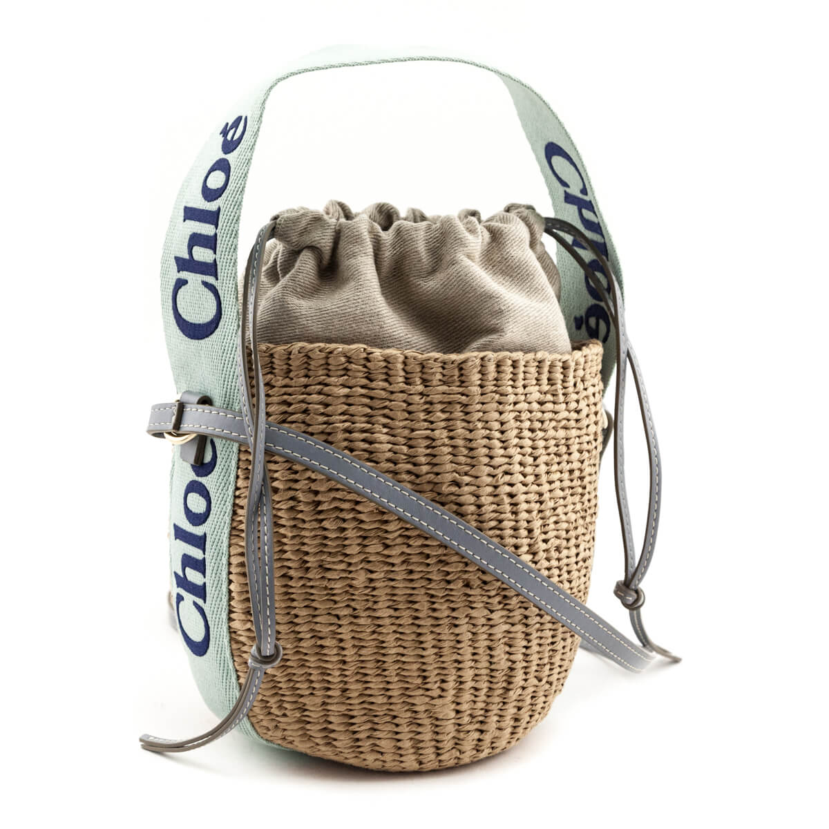 Chloe Blue-Green Natural Woven Fiber Small Woody Basket Bag