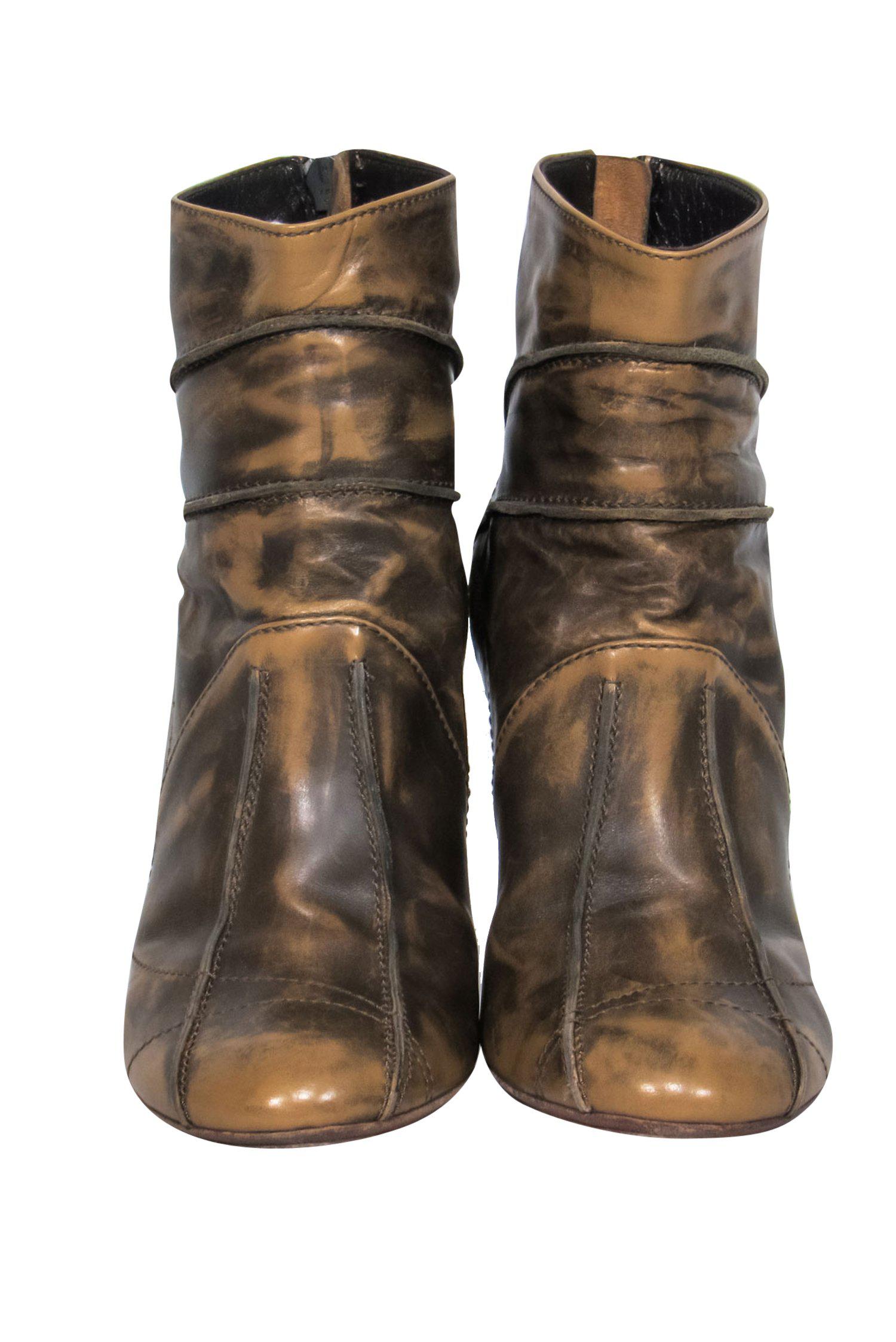 Christian Dior - Brown Leather Marbled Heel Ankle Booties w/ Stitching Details Sz 6.5