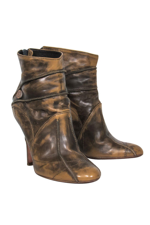 Christian Dior - Brown Leather Marbled Heel Ankle Booties w/ Stitching Details Sz 6.5