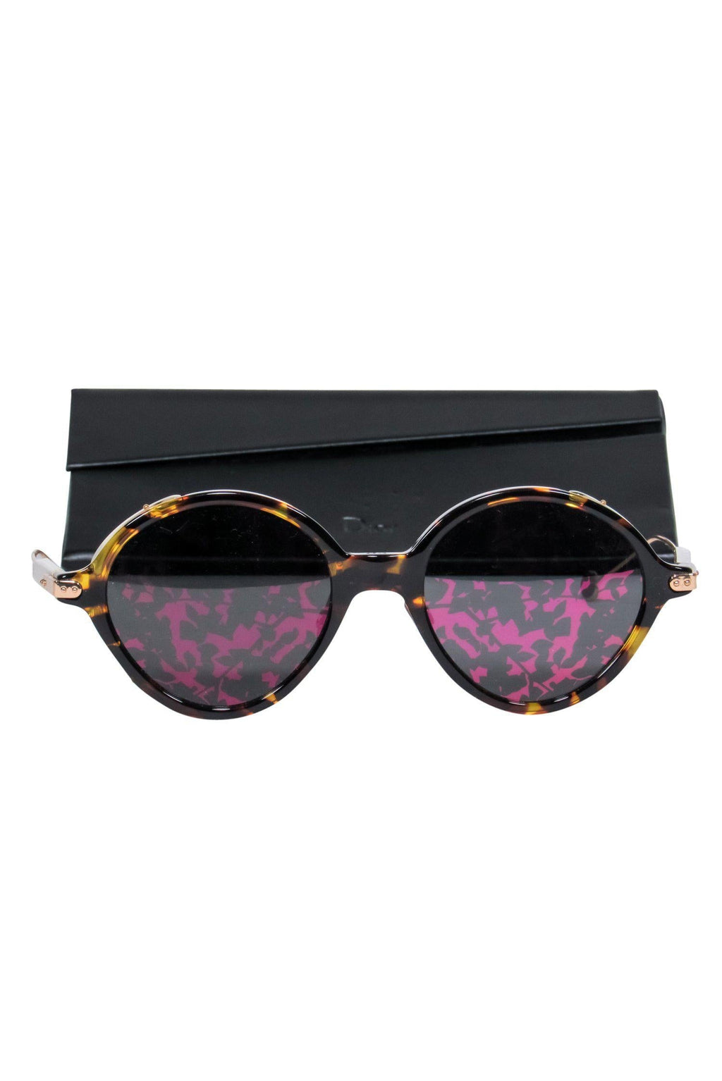 Christian Dior - Brown Tortoise Shell Round Sunglasses w/ Pink Leaf Print Lenses