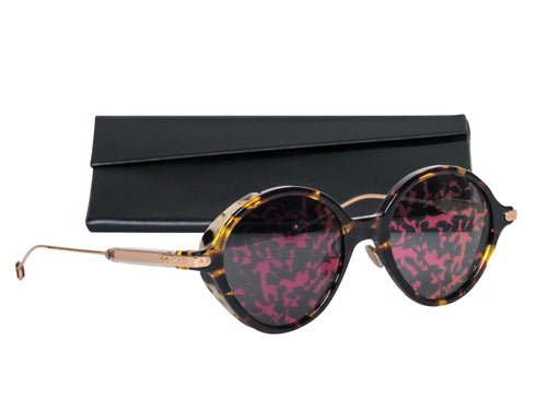 Christian Dior - Brown Tortoise Shell Round Sunglasses w/ Pink Leaf Print Lenses