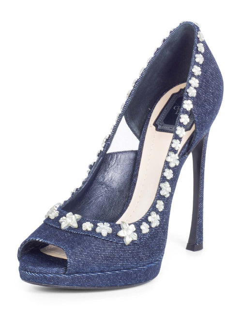 Christian Dior Denim Rhinestone Embellished Platform Peep Toe Pumps Blue