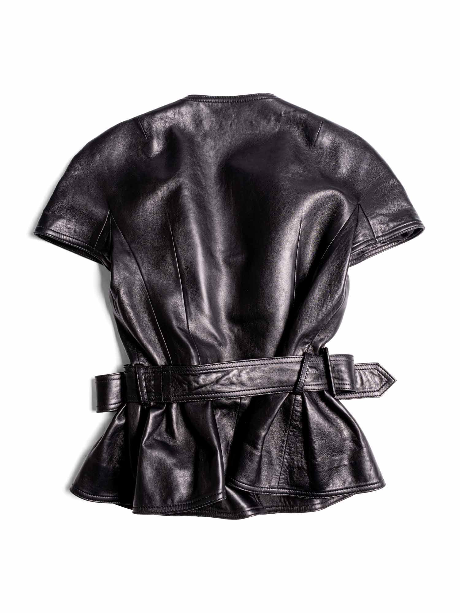Christian Dior Lambskin Leather Peplum Belted Short Sleeve Jacket Black