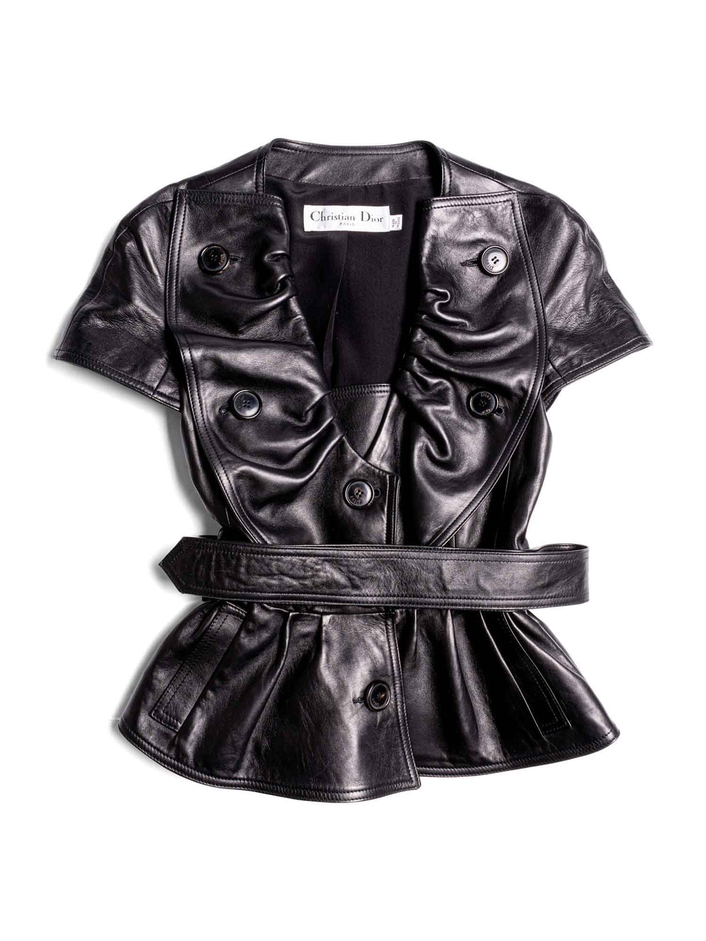 Christian Dior Lambskin Leather Peplum Belted Short Sleeve Jacket Black