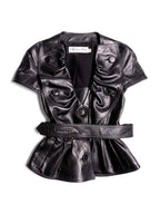 Christian Dior Lambskin Leather Peplum Belted Short Sleeve Jacket Black