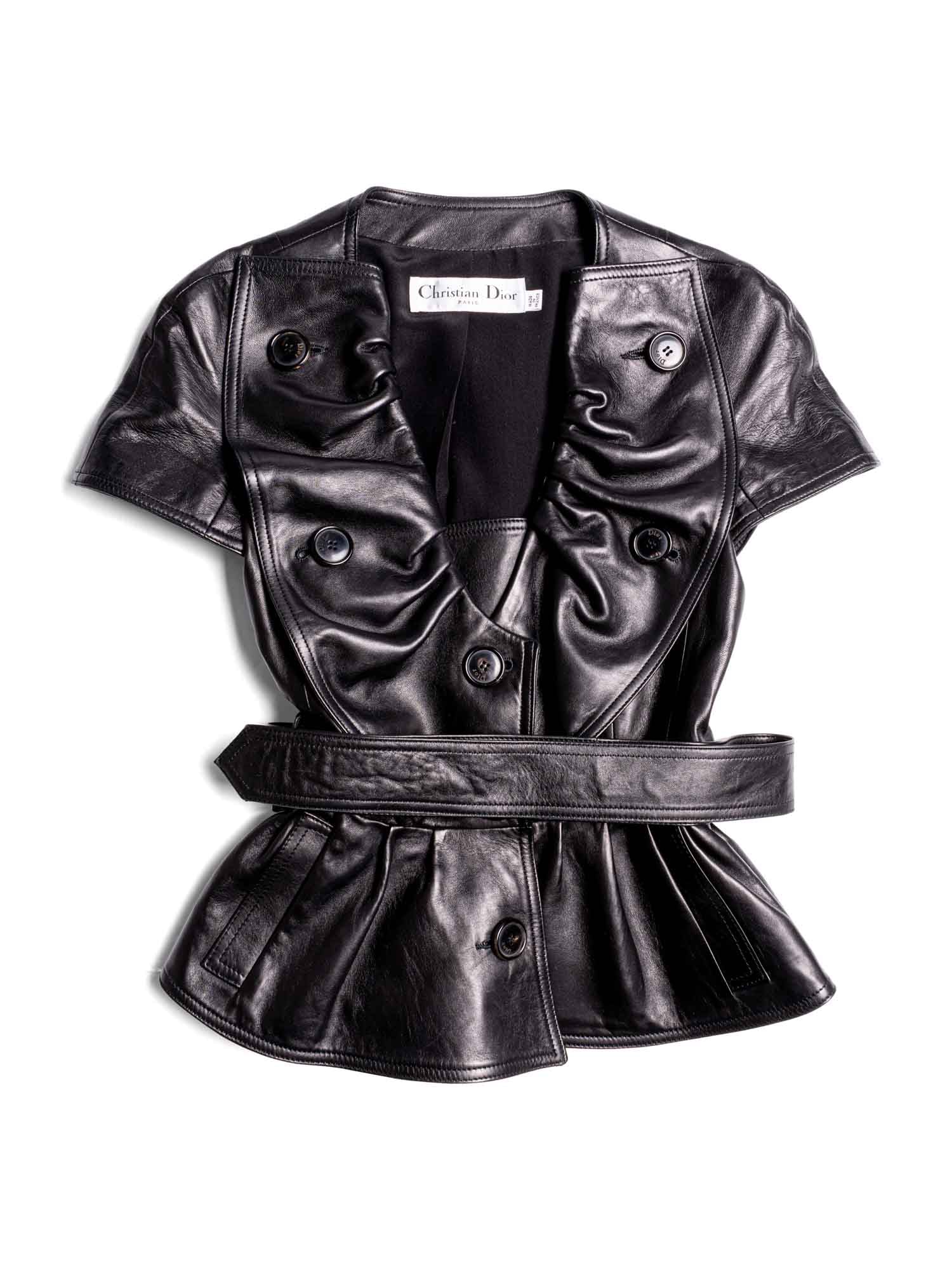 Christian Dior Lambskin Leather Peplum Belted Short Sleeve Jacket Black