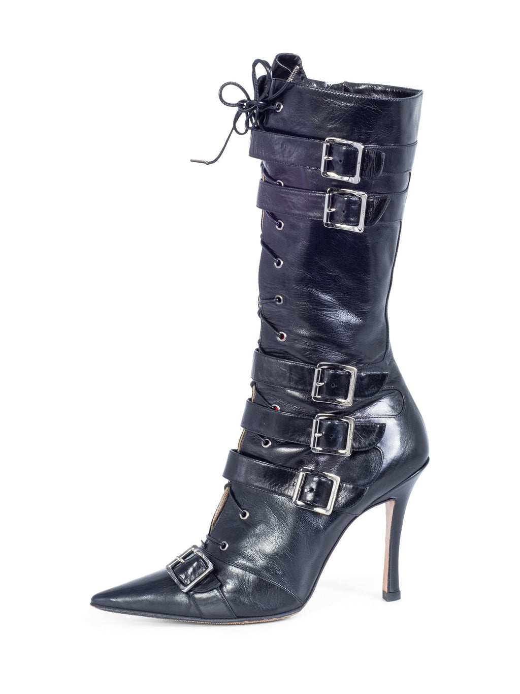 Christian Dior Leather Lace Up Buckle Strap Pointy Boots Black