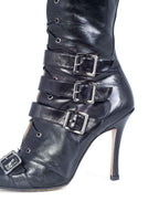 Christian Dior Leather Lace Up Buckle Strap Pointy Boots Black