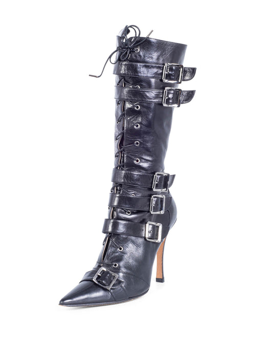 Christian Dior Leather Lace Up Buckle Strap Pointy Boots Black