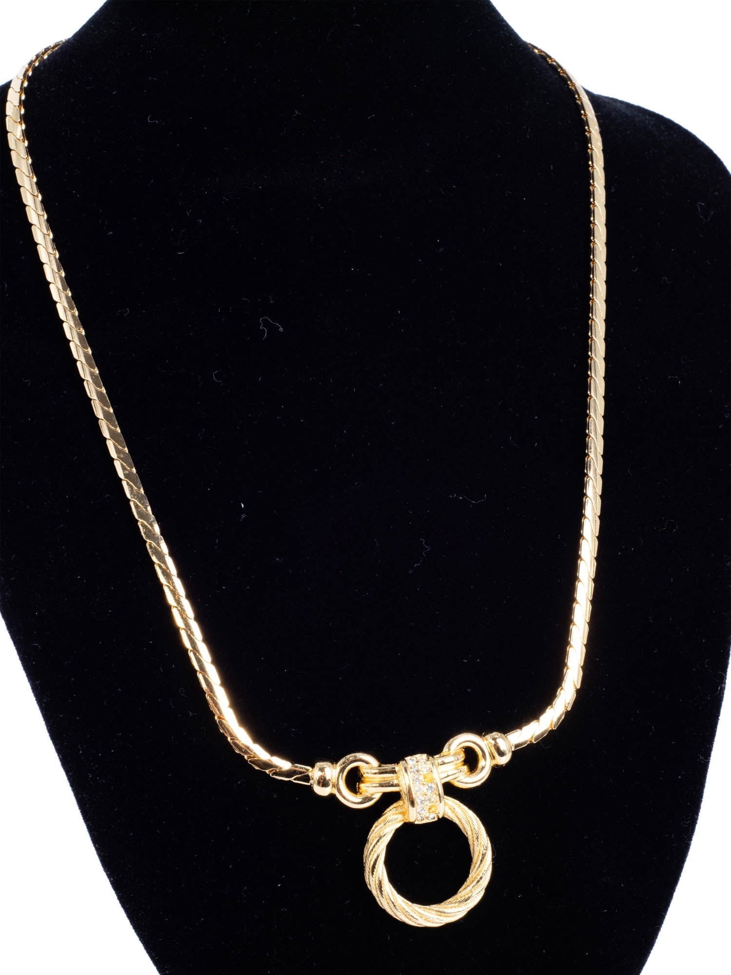 Christian Dior Logo Crystal Hoop Pendant Necklace Gold