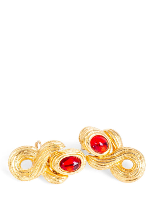 Christian Dior Logo Gripoix Clip On Earrings Gold Red