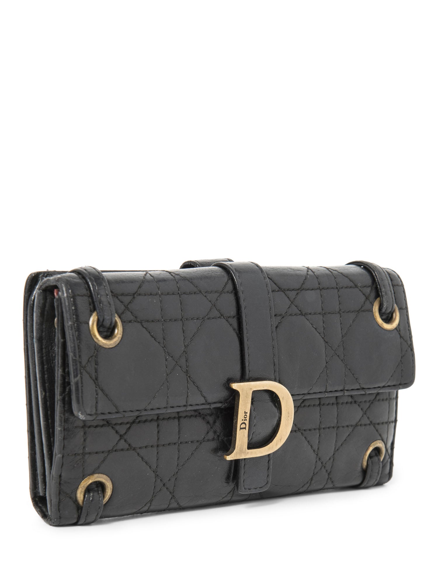 Christian Dior Logo Leather Cannage Quilted Wallet on Chain Black Gold