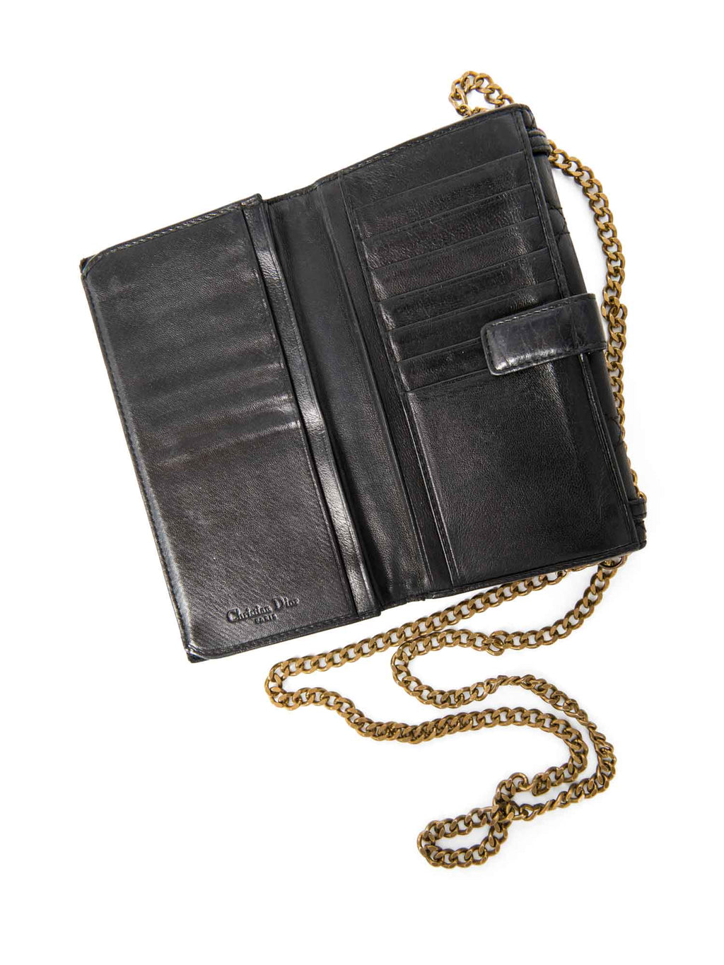 Christian Dior Logo Leather Cannage Quilted Wallet on Chain Black Gold