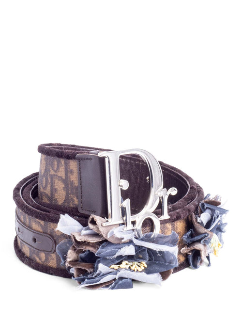 Christian Dior Logo Oblique Leather Floral Belt Brown Silver