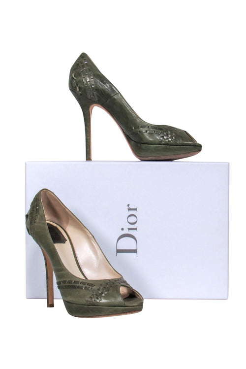 Christian Dior - Metallic Olive Green Leather Peep Toe Pumps Sz 7