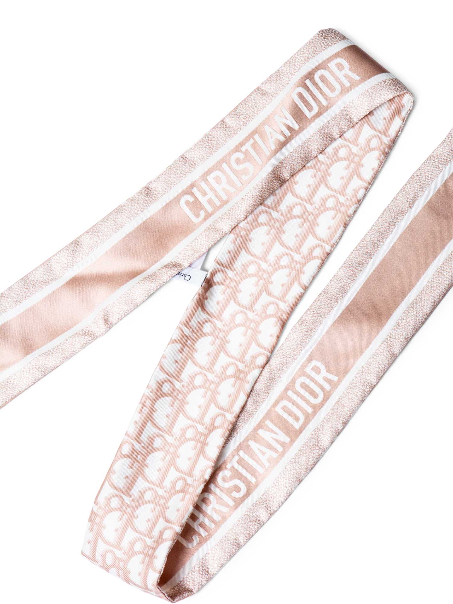 Christian Dior Oblique Print Silk Twilly Scarf Taupe White